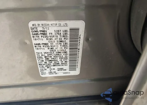 2012 Nissan Murano S из США, поврежденный, VIN JN8AZ1MW0CW238760